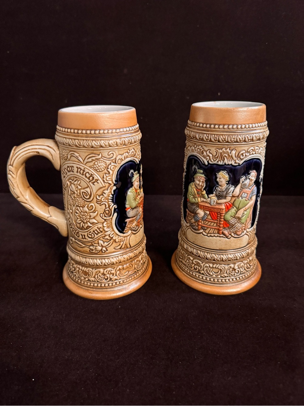 Vintage Ceramarte Ceramic Beer Stein Set of 2 - German Tavern Scene Relief